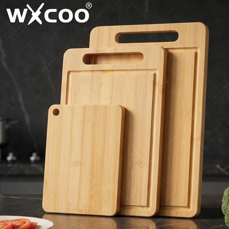 WXCOO® Bambus Schneidebrett – Doppelseitiges Küchenbrett aus natürlichem Moso-Bambus mit Saftrille & Griff – In 3 Größen erhältlich