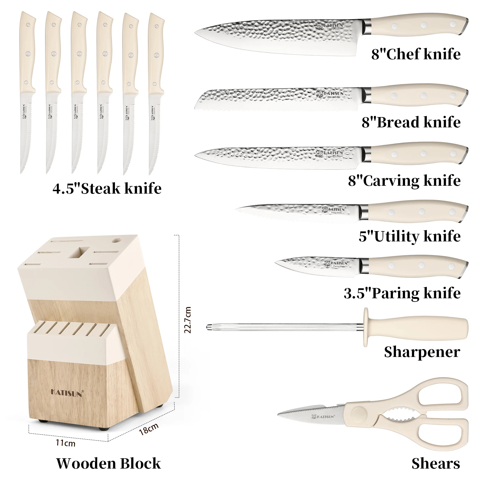 Hochwertiges 14-teiliges KATISUN Küchenmesser-Set mit hammergeschmiedeten Edelstahlklingen. Scharfe, langlebige Messer mit eleganter Hammerschlag-Optik und ergonomischen Griffen für präzises Schneiden im Alltag. – Bild 3
