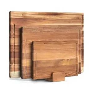 Akazienholz Schneidebrett Set 3-teilig mit Ständer – Holz Schneidebretter mit Saftrille, Messerfreundlich, Servierbrett für Küche